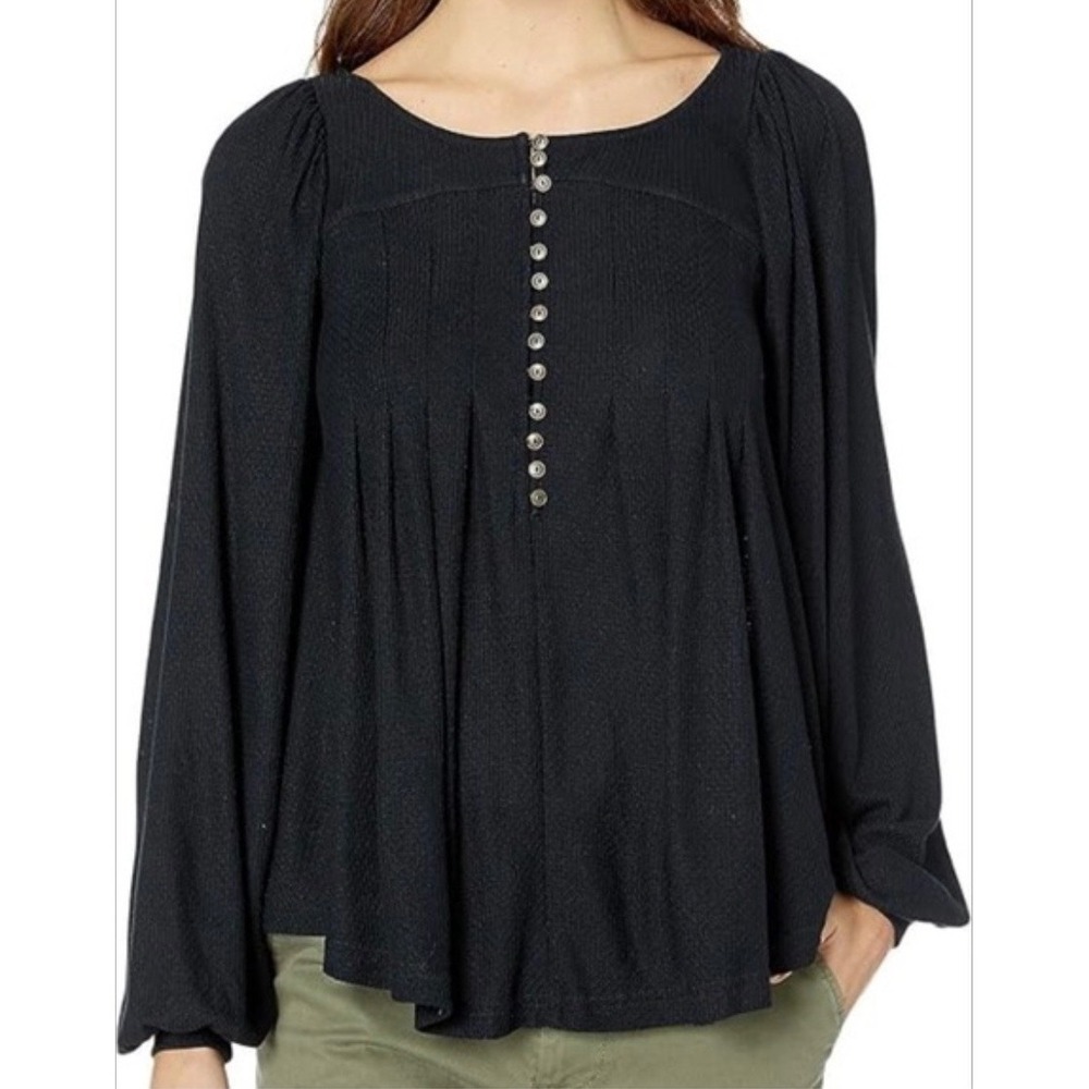 Free People Devine Black Button Front Knit BishopSleeve Top M Dark Academia Boho